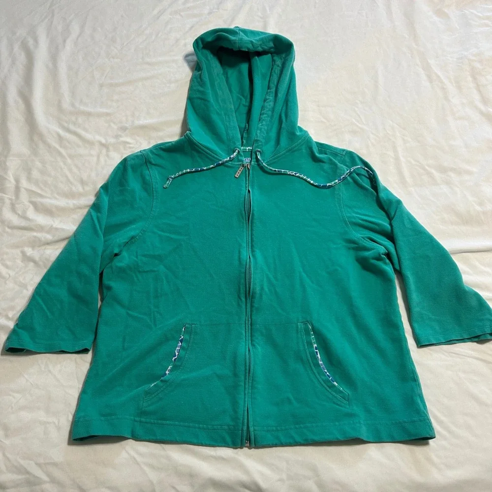 Pacer Womens Green 3/4 Sleeve Full Zip Hoodie Pique Knit Sweatshirt Large